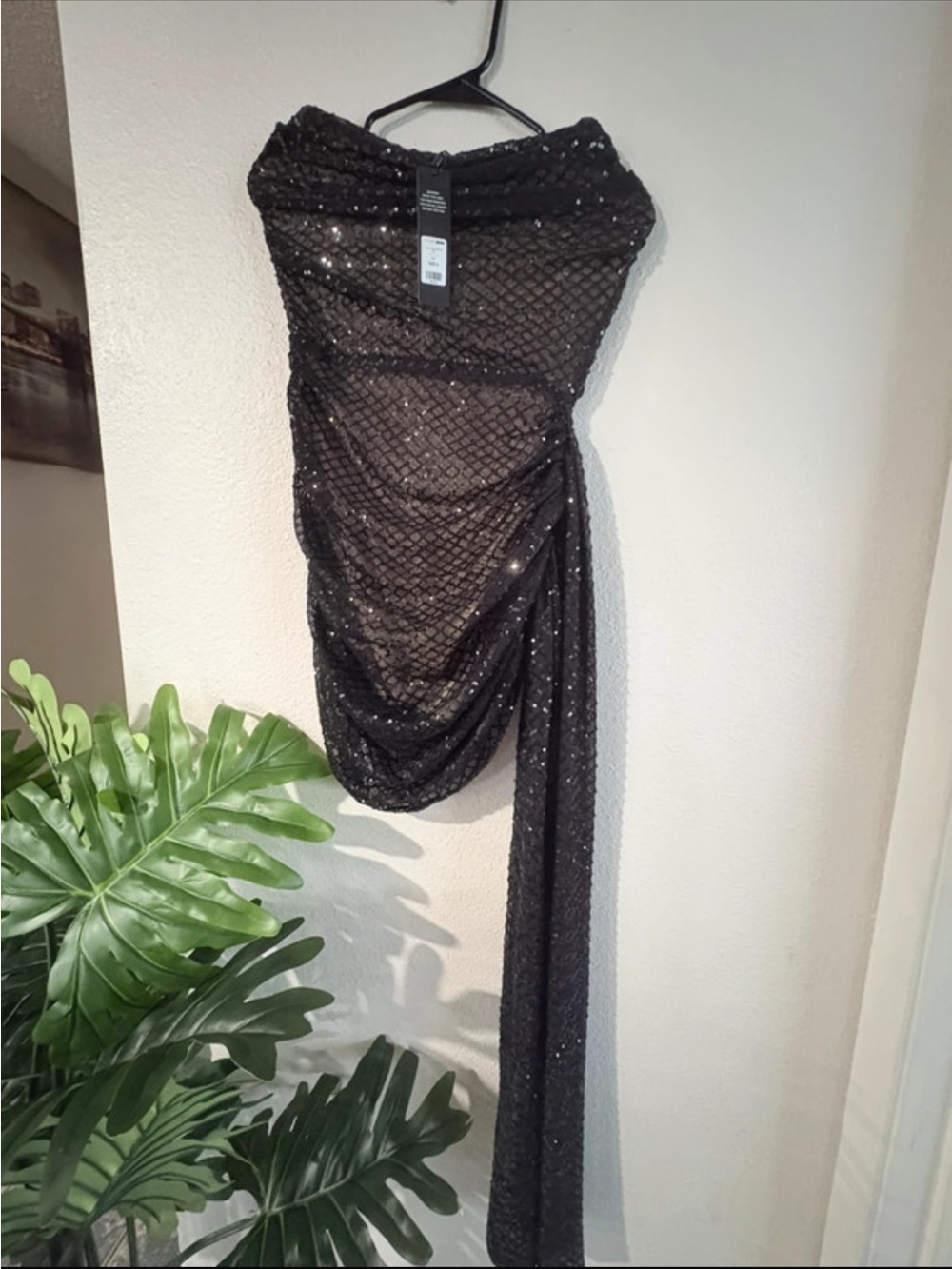 Fashion Nova Black Strapless Sequin Draped Dress